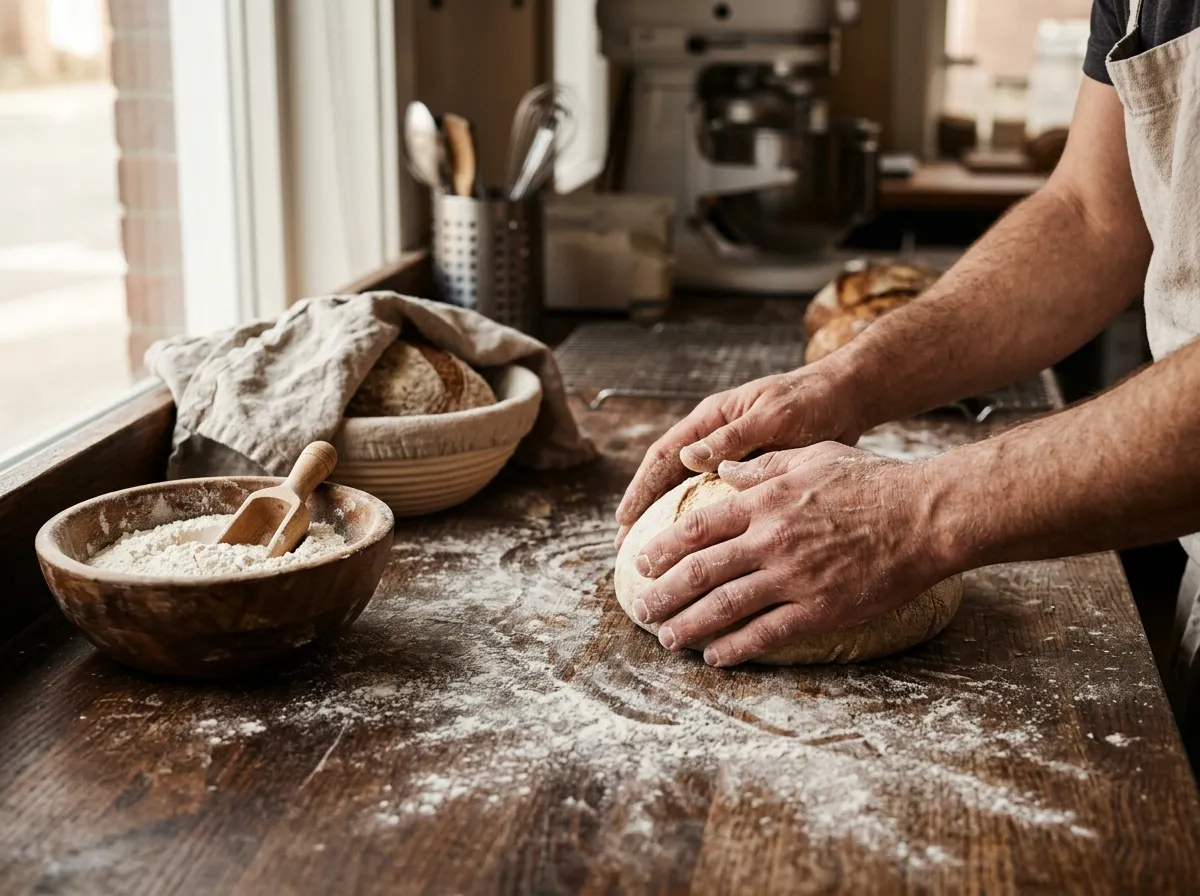 Hands shaping dough on a flour-dusted bench